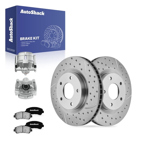 AutoShack Front Vented Drilled & Slotted Silver Zinc Coated Brake Rotors   Ceramic Pads   Calipers 8-PC Brake Kit Replacement for 2008-2013 Nissan Rogue SilverShield Pro 11.65" (295.8 mm)