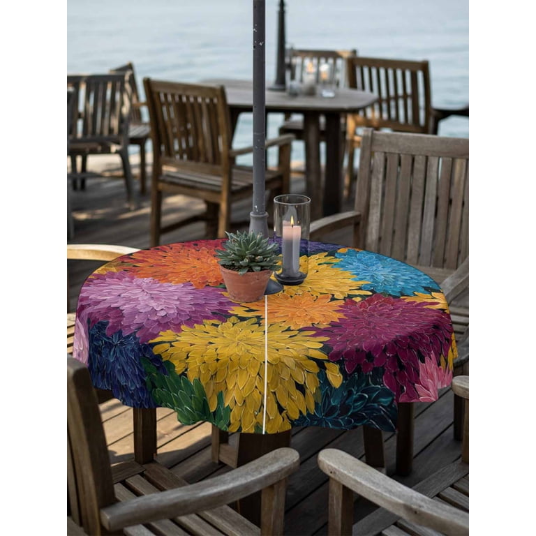 54 outdoor patio table cover with umbrella hole zipper Outdoor Tablecloth with Umbrella Hole Zipper Colorful Dahlia Round  Tablecloth 54