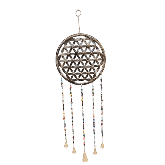 KalaKruti Handicrafts 31" Gold Antique Metal Flower of Life Windchime with glass beads and cone bells