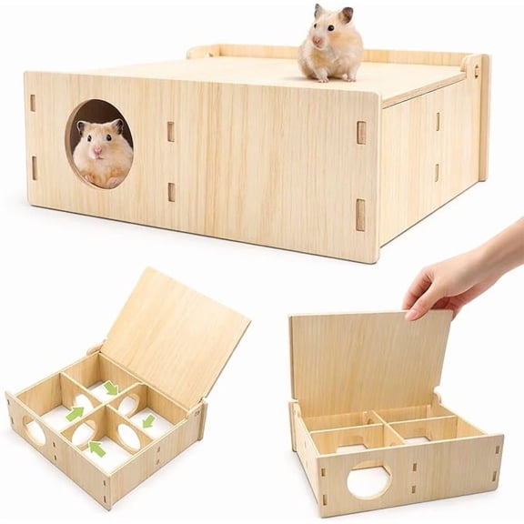 Multi-Chamber Wooden Hamster Hideout & Tunnel - Durable, Ventilated Natural Wood Cage Accessories for Dwarf, Syrian Hamsters and Small Pets
