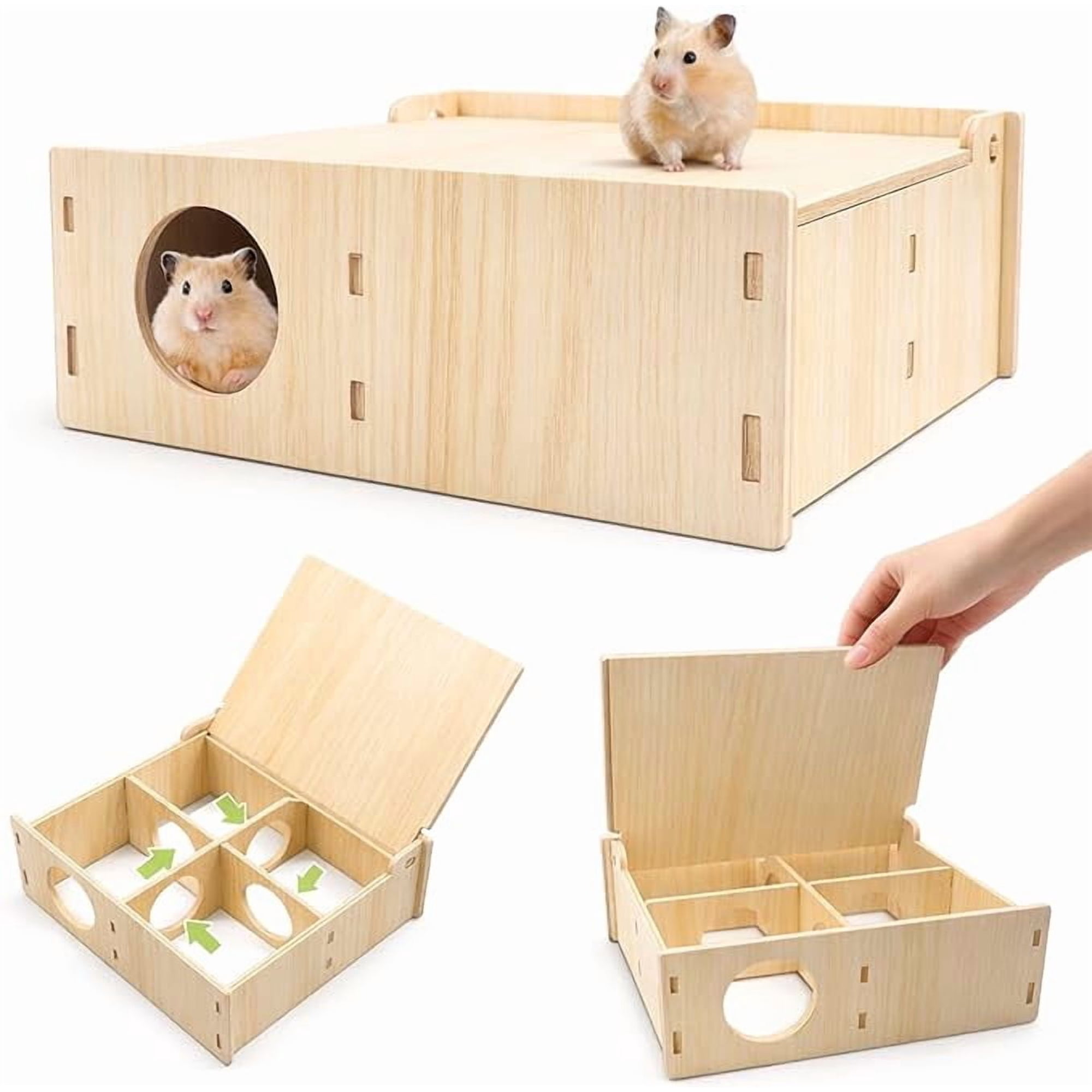 Multi-Chamber Wooden Hamster Hideout & Tunnel - Durable, Ventilated Natural Wood Cage Accessories for Dwarf, Syrian Hamsters and Small Pets