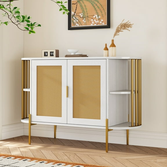 47" Elegant Curved Sideboard Buffet Cabinet with Gold Trim and Woven Rattan Doors for Dining Room,Kitchen(Beige)