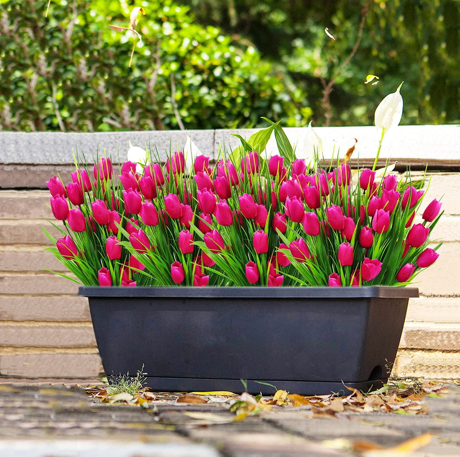 Outdoor Artificial Tulips Fake Flowers UV Resistant Faux Plastic Greenery Shrubs Plants for Home Outside Garden Porch Window Farmhouse Decor (Rose Red)
