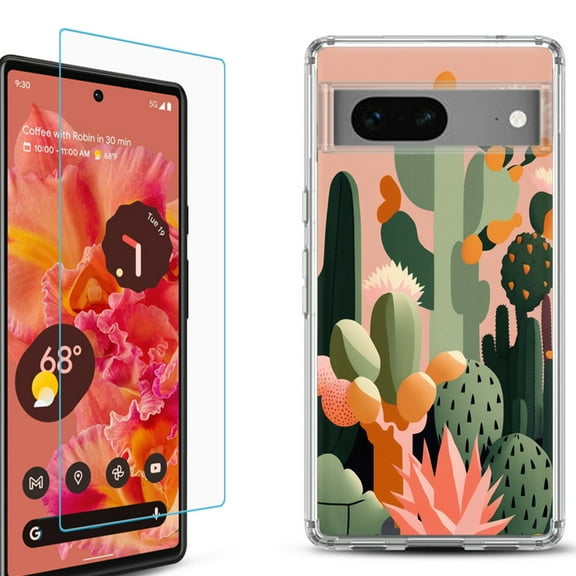 OneToughShield ® for Google Pixel 7a Shockproof Bumper Phone Case, with Tempered Glass Screen Protector - Cactus