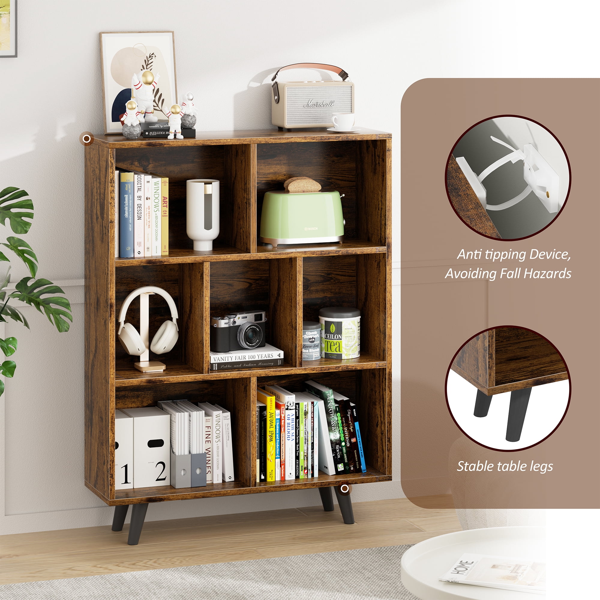 Walsunny Cube Bookcases Bookshelves 7 Cube Organizers with Legs 43" Tall Wooden Open Storage Display Bookshelf for Living Room Bedroom Office Brown