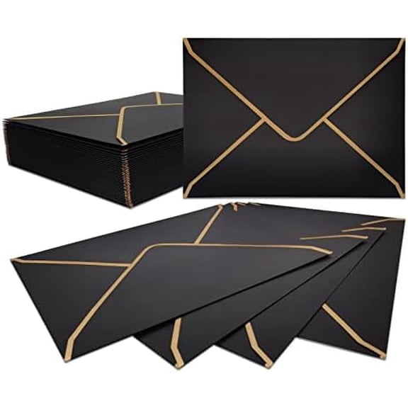 50 PCS Invitation Envelopes A7 Size, Black Envelopes 5 x 7 Inch V-Flap Mailing Card Envelopes Quick Seal Envelopes with Gold Border for 5x7 Cards, Birthday, Weddings, Graduations, Greeting Cards