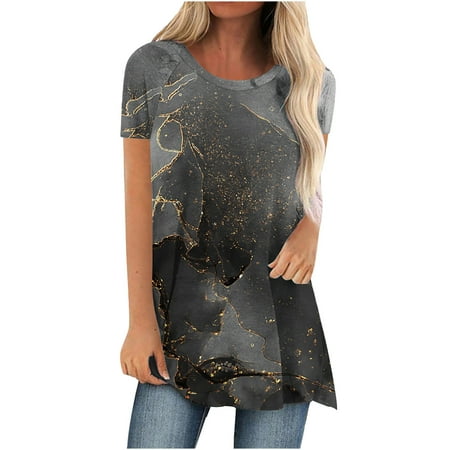 

Womens Oversized Shirts 2023 Teen Girls Marble Print Pullover Short Sleeve Tops Crewneck Bustier Long Tees