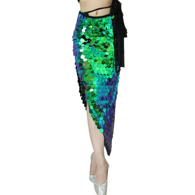 braveheart AssortedColor Party Ready Belly Dance Hip Scarf With Elastic Mesh Lining Unique Unbalanced Colorful Green M