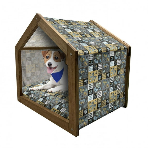 Vintage Pet House, Dark Textured Ornament Heart and Butterfly Motif in Mix Retro Design, Outdoor & Indoor Portable Dog Kennel with Pillow and Cover, 5 Sizes, Multicolor, by Ambesonne
