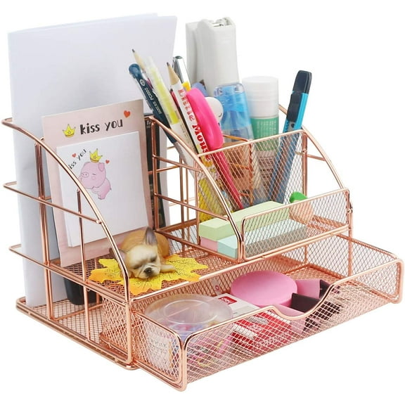 Bibana Mesh Desk Organizer,  Desktop Storage with 6 Compartments for Office Supplies (Rose Gold - 9" X 6" X 6")