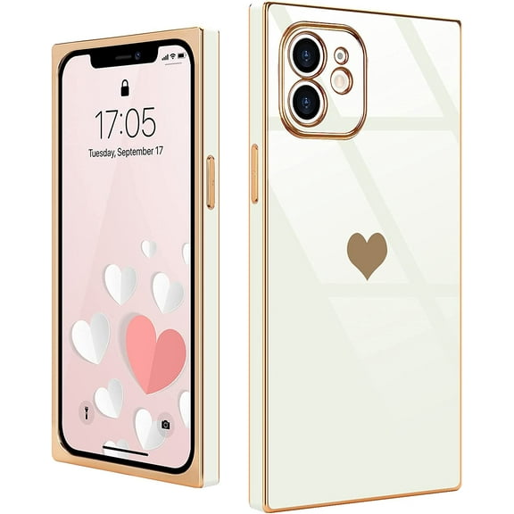 Compatible with iPhone 12 Case Cute Plating Gold Luxury Love Heart Phone Case for Women Girls Shockproof Raised Full Camera Lens Protection Bumper Cover for iPhone 12, White