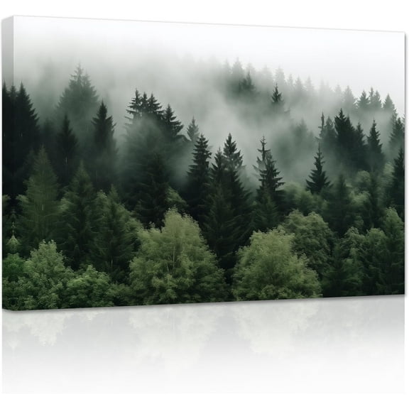 ZHONGYUTONG Mountain Canvas Wall Art Misty Forest Green Pine Tree Painting Prints Natural Landscape Wall Decor for Living Room Bedroom Framed (12.00" x 18.00")