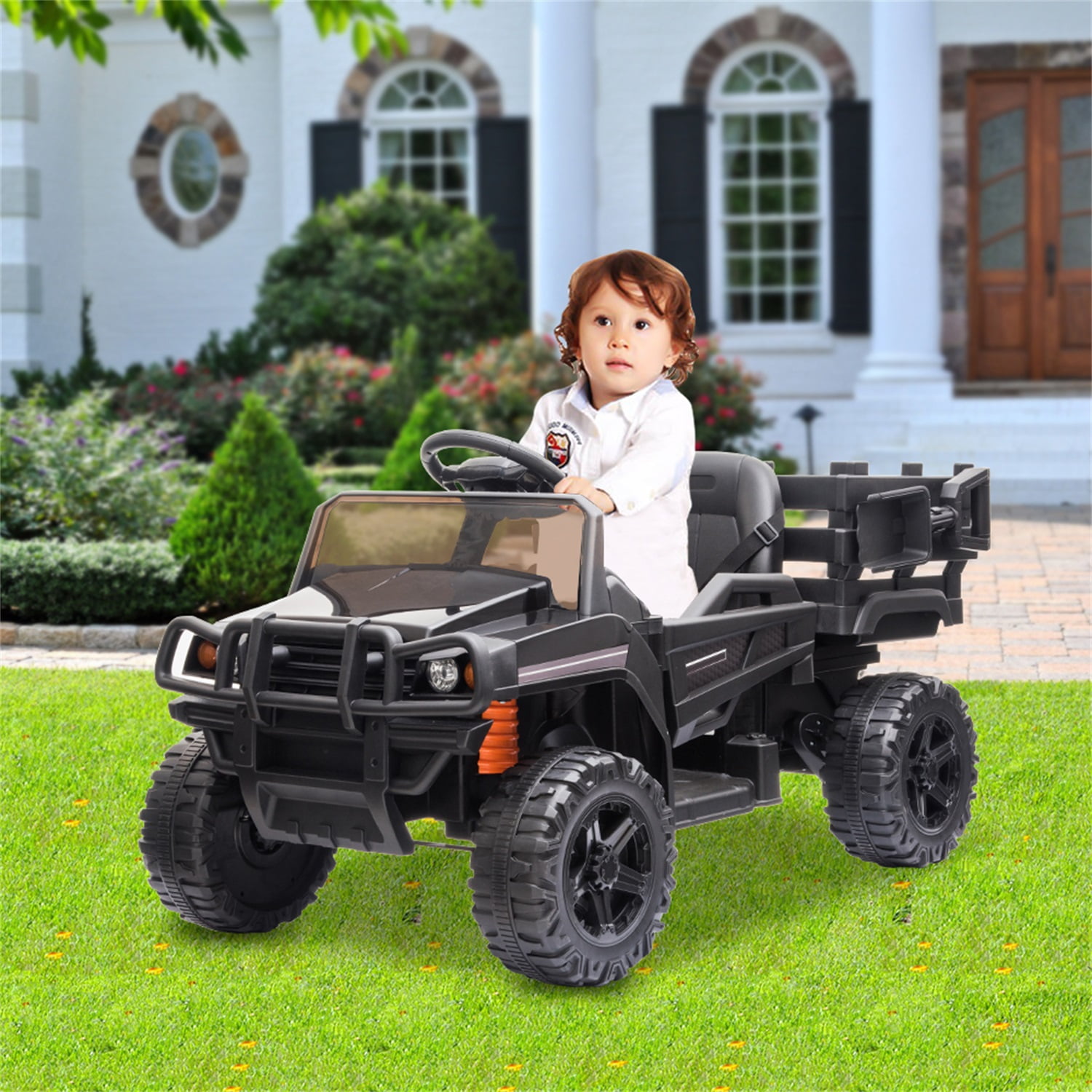 CIPACHO Kids 12V Ride On Truck, Battery Powered Toy Car w/Spring Suspension, Remote Control, 3 Speeds, LED Lights, Black