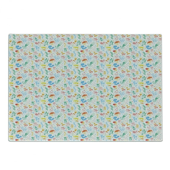 Spring Cutting Board, Pastel Watercolor Effect Romantic Pattern with Irregular Dots Plants and Flowers, Decorative Tempered Glass Cutting and Serving Board, in 3 Sizes, by Ambesonne