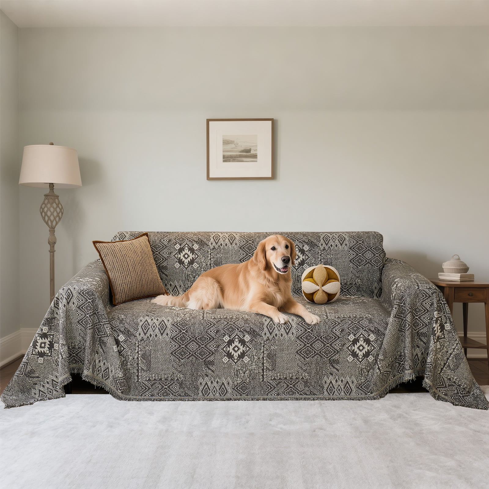 Sanmadrola Reversible Sofa Covers for 3 Cushion Couch, Geometric Jacquard Chenille Slipcover, L Shape Sectional Couch Cover with Tassels, Washable Furniture Protector for Dogs Cats Pet, 71"x118"