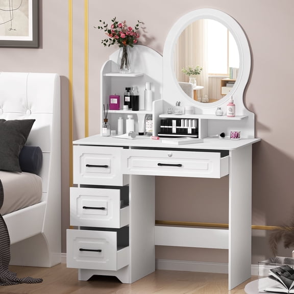 StarBay Home Vanity Desk Bedroom Dressing Table Makeup Desk with Mirror & 4 Drawers, Partition Design, Strong Load Bearing