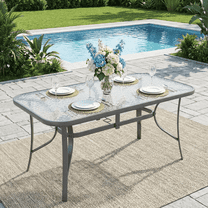 TLSUNNY Outdoor Patio Dining Table, w/ Umbrella Hole, Rectangular Tempered Glass Table for 6, Outdoor Metal Furniture, for Patio, Graden, Backyard