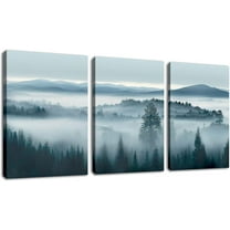 Foggy Forest Canvas Wall Art Indigo Misty Forest Pictures Blue Grey Abstract Mountain Trees Painting Artwork Nature Scene Canvas Art for Living Room Bedroom Home Wall Decor 12" x 16" x 3Piece