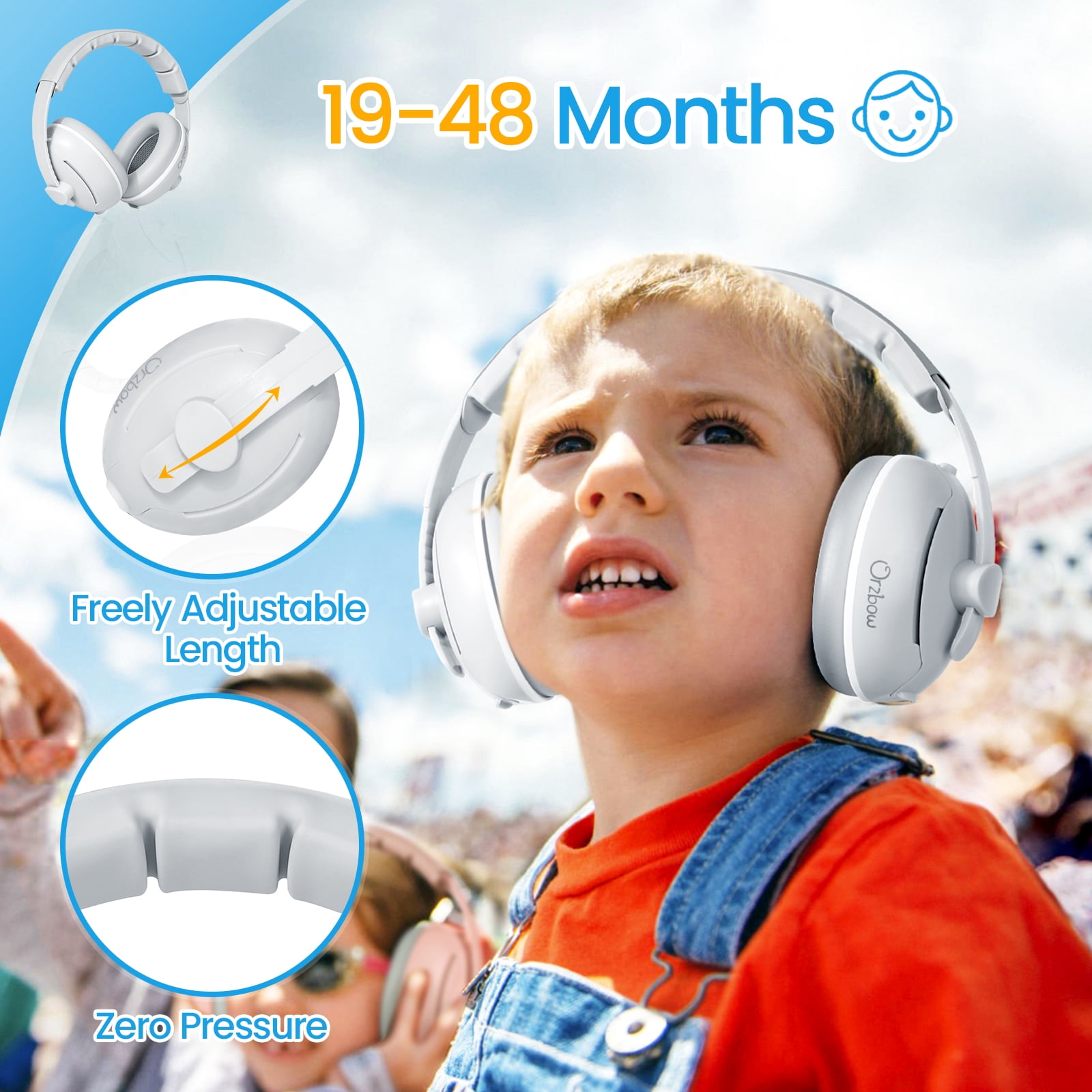 Orzbow Baby Noise Cancelling Headphones with Cute Bear Design for Babies Infant up to 48 Months, Ear Muffs Noise Protection with Non-Slip Band for Airplane Travel Sleep, Gray Bear