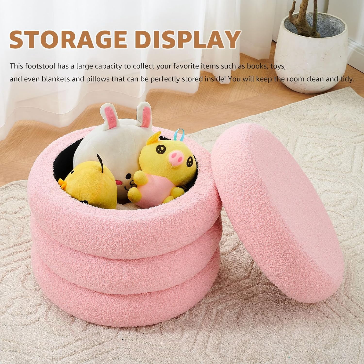 Casa Pura Furniture Round Storage Ottoman, Modern Sherpa Footstool, Teddy Vanity Stool with Flip-Top Tray, Upholstered Footrest for Living Room