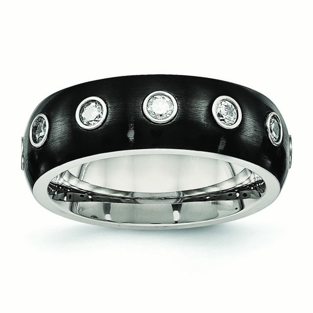 Bague Demi-Ronde en Acier Inoxydable Brossé et Poli Noir Ip CZ Zircon Cubique Simulé Taille 9 Bijoux