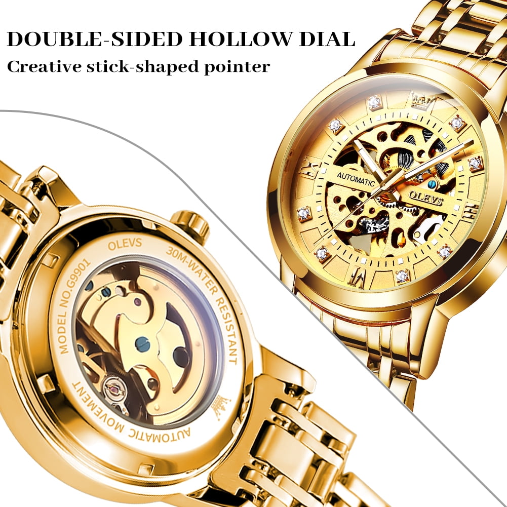 OLEVS Skeleton Watches for Mens Automatic Mechanical self Winding Diamond Luxury Business Dress Stainless Steel Waterproof Luminous Mens Wrist Watches Reloj Para Hombre Blue/White/Black/Gold Dial