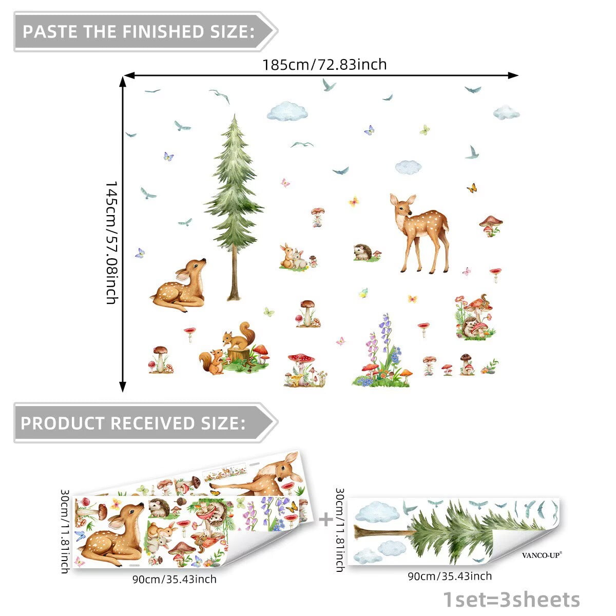 Jungle Animals Wall Decals Safari Cartoon Animals Stickers Watercolor Tree Animal Wall Stickers, Nursery Woodland Decor Bear Deer Forest Animal Decal for Bedroom Playroom Room Daycare Decor