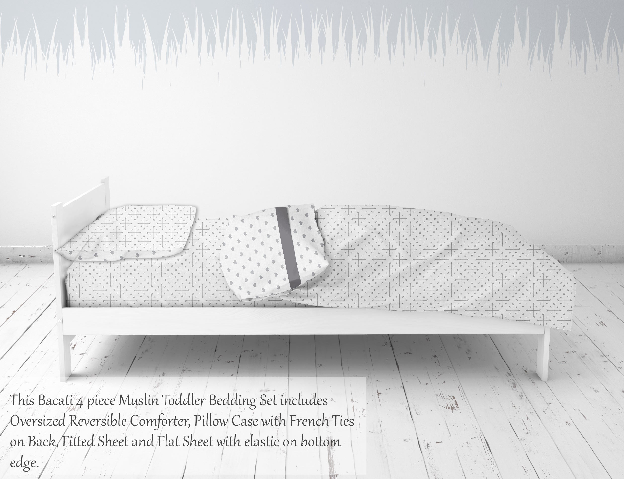 Bacati - Toddler Bedding/Sheet Set 100% Cotton Muslin, Love Hearts Grey