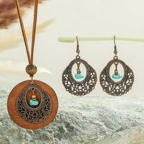 Alloy Enamel & Wood Pendant Necklaces & Dangle Earrings sets Oval 400mm Alloy