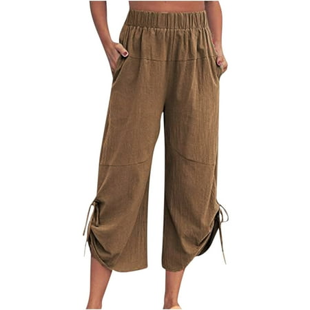 

YanHoo Women s Linen Baggy Pants Drawstring Ruffle Wide Leg Capris Solid Loose Trouser with Pockets
