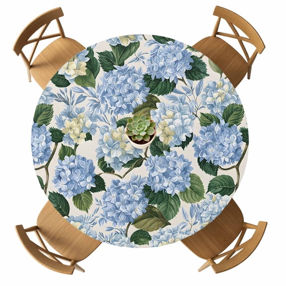 Round Fitted Tablecloth with Elastic Blue Hydrangea Floral Tablecloths Waterproof Oil Proof Watercolor Flowers Table Cover for Kitchen Dinner Holiday Party Picnic Fits Tables up to 36"- 44" Diameter