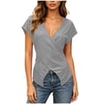 thumbnail image 2 of Mifsaly Womens Wrap Blouse Cross Front Short Sleeve V Neck T Shirts Slim Fit Ruched Pleated Casual Blouses Flattering Summer Going Out Tops Gray,M, 2 of 9