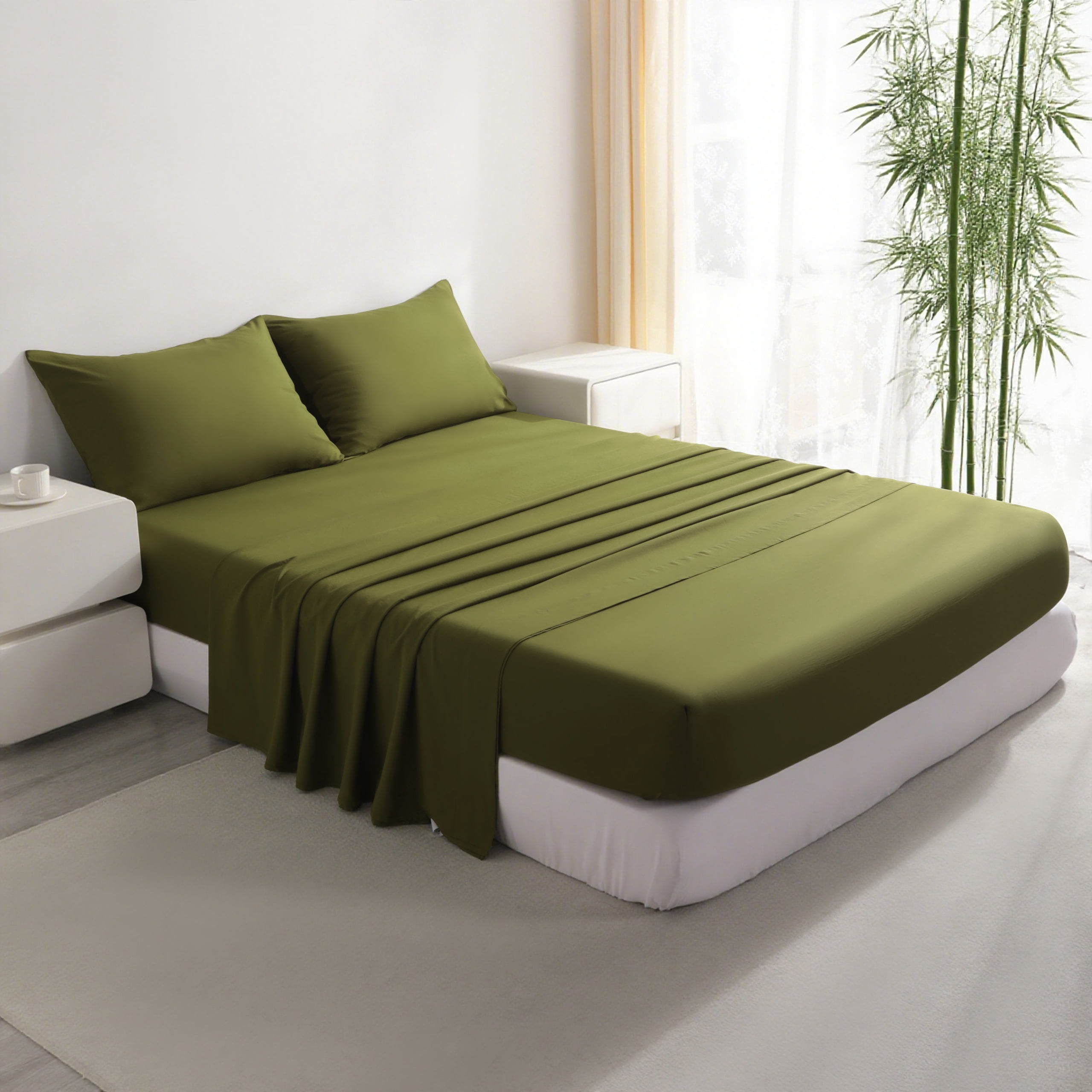 Ultra Soft Bamboo Sheet Set of 4, Durable and Cooling Bamboo Fiber Bed Sheet Set, Queen, 1 Flat Sheet +1 Fitted Sheet +2 Pillowcases, Army Green
