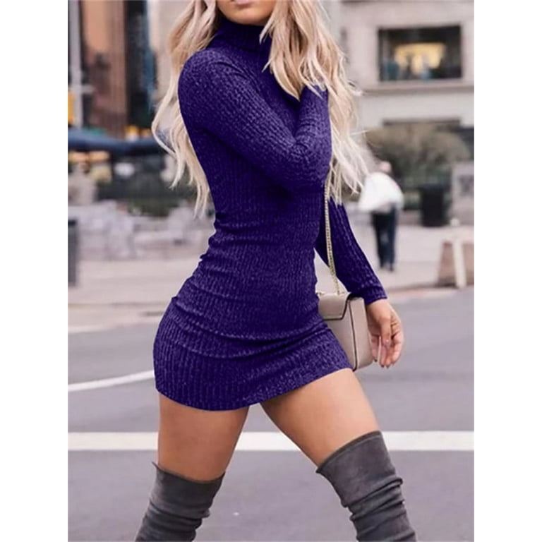 ONTNO Sweater Dress for Women Sexy Turtleneck Long Sleeve Mini High Waist  Ruched Bodycon Solid Color Dress Blue S
