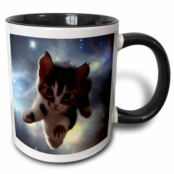 3drose, Kitten Flying in Space, 15oz Two-tone Black Mug
