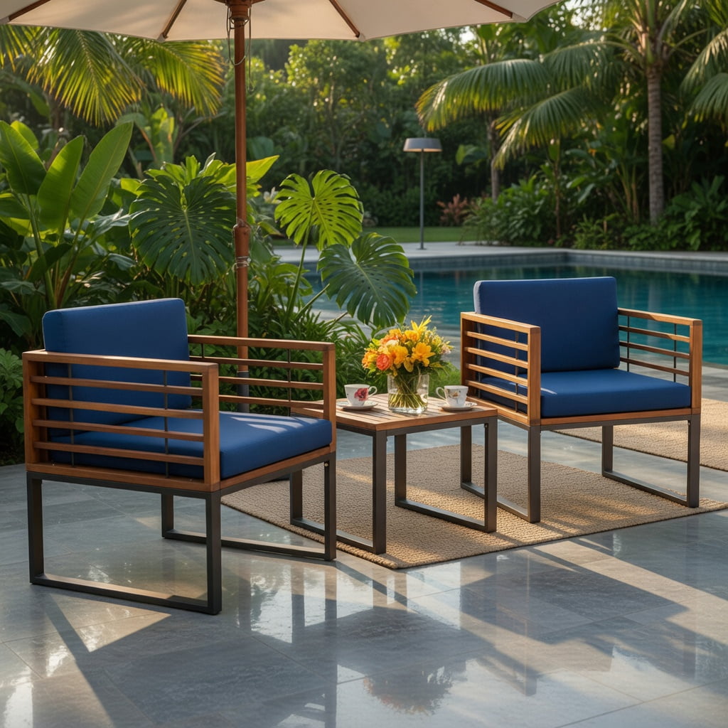 Hommoo 3-Piece Acacia Wood Patio Conversation Set with Cushioned Armchairs & Matching Coffee Table, Rust-Resistant Metal Frame, Removable Washable Covers, Ideal for Deck, Balcony & Porch, Navy