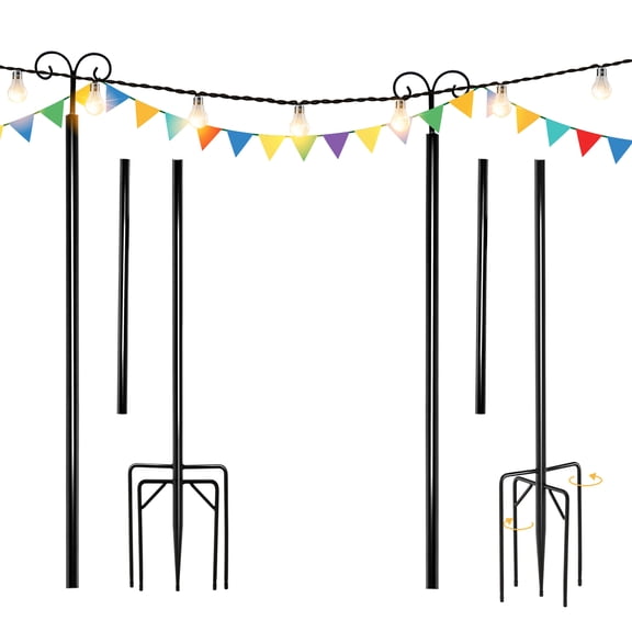 Costway 8ft String Light Poles 2 Pack Outdoor Metal Poles w/Top Arc Hook & 5-Prong Base