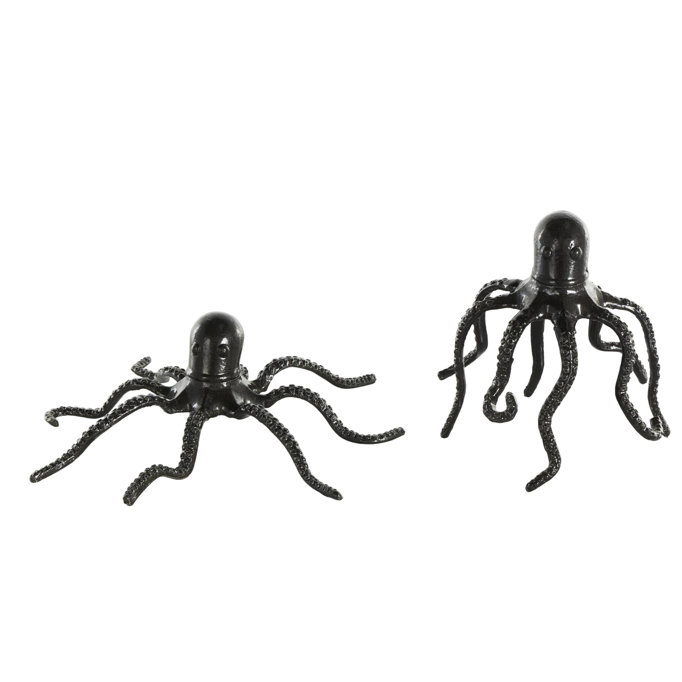 7", 3"H Black Aluminum Metal Octopus Sculpture with Textured Tentacles, by DecMode (2 Count)