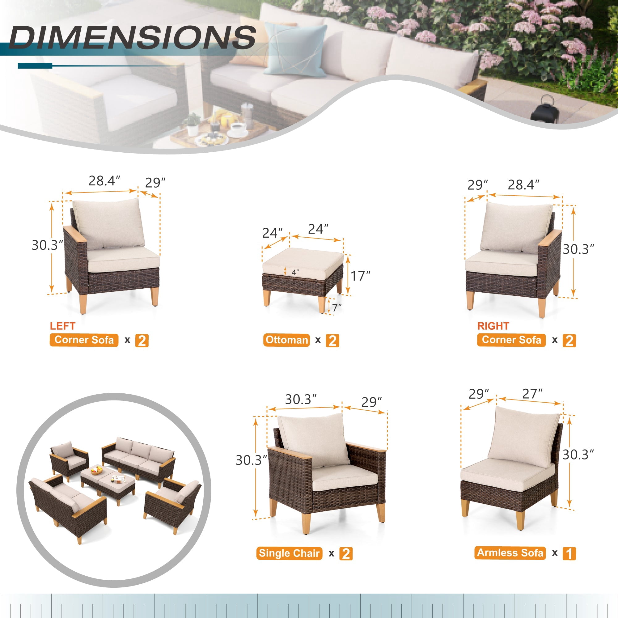 Sophia & William 9 Pieces Patio Wicker Conversation Sofa Set Outdoor Sectional Sofa with Beige Cushions