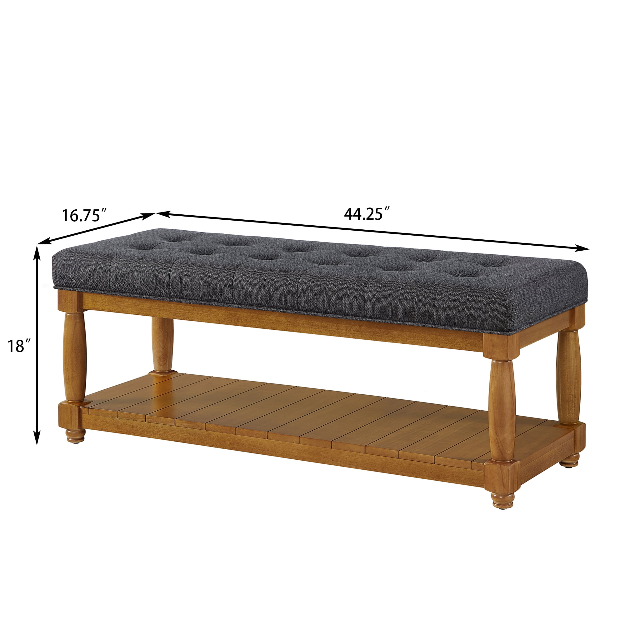 Leumius Upholstered Linen Bench with Storage Shelf, Solid Wood Spindle Legs Accent Furniture Tufted Ottoman Bench for Bedroom Entryway Living Room Charcoal