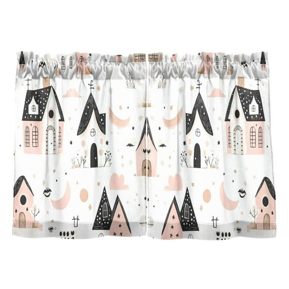 Cute House Pattern Kitchen Curtains Tier Set 27x24 Inch 2 Panels Semi Sheer Light Filtering Privacy UV Protection
