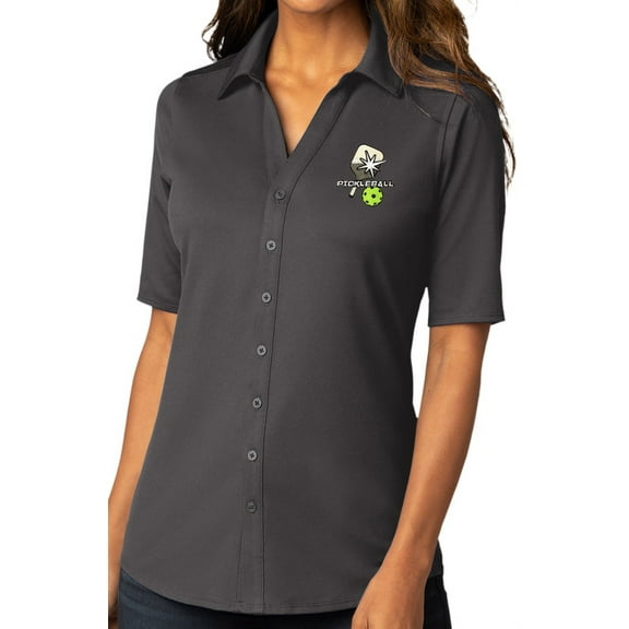 Womens Pickleball Patch Button-Down Stretch Shirt, Extra-Small Graphite Gray