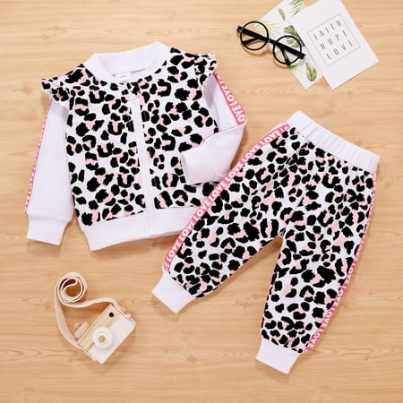 

baby girls leopard print fly sleeve zipper tops+pants outfits set