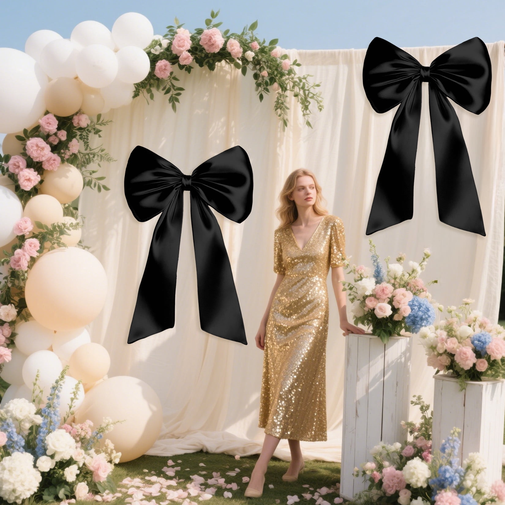 2 Pack Large Satin Bow Decorations 40 x 24 inch, Pre-Shaped Oversized Ribbon Bows for Wedding, Party, Gift Wrapping, Wall & Room Decor, Reusable, Black