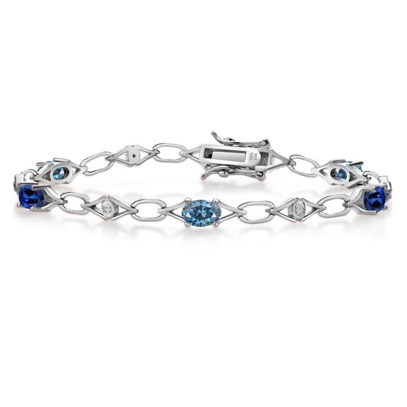 925 Sterling Silver Persian Blue Moissanite and Blue Created Sapphire and Round White Lab Grown Diamond Tennis Bracelet for Women (3.19 Cttw, Gemstone Birthstone, Oval 6X4MM, 7.25 inches)
