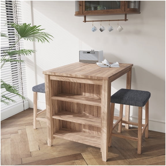 Modern Oak Counter Height Dining Set with Linen Upholstered Stools for Kitchen and Breakfast Nook