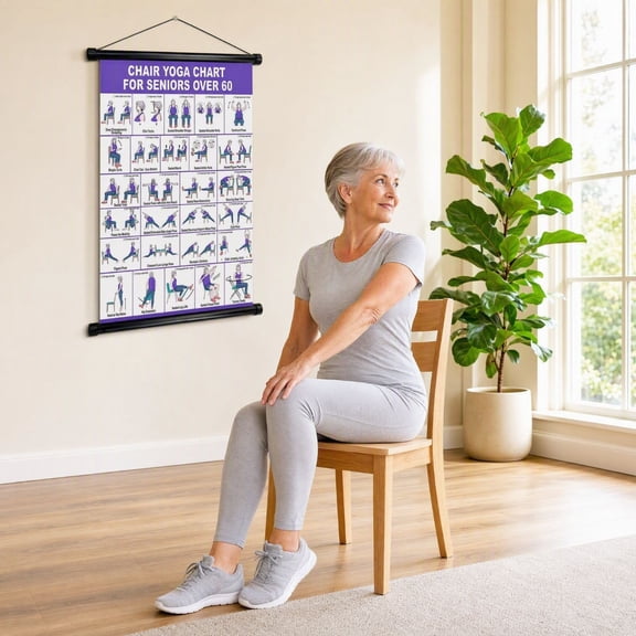 QualiVow Purple Chair Yoga Chart for Seniors Over 60 Cloth 23.62x15.75 Inch Wall Hanging Exercise Poster for Home Fitness