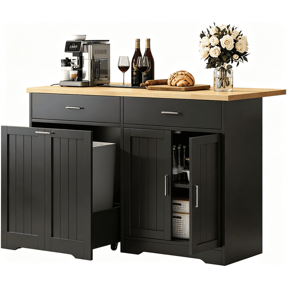 VVFLU 55" Kitchen Island with Storage and Drop Leaf, Kitchen Islands Cart on Wheels, Microwave Table with Rubber Wood Top and Drawers for Kitchen, Black