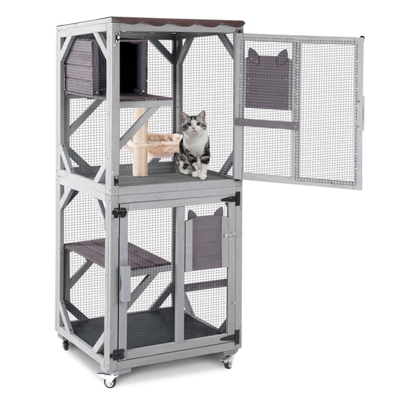 Aivituvin Catio Outdoor Cat Enclosure, 4 Tiers Outdoor Cat House with Wheels, Kitty Cages Indoor Large Window Catio -Waterproof Roof