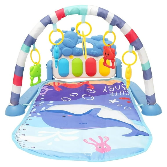 Baby Play Gym Mat, Tummy Time Mat for Floor with 5 Baby Toys, Activity Playmat for Stage-Based Sensory Motor Skill, Infant Babies Essentials Gift for Newborn Boy Girl 0 to 3 6 9 12 Months